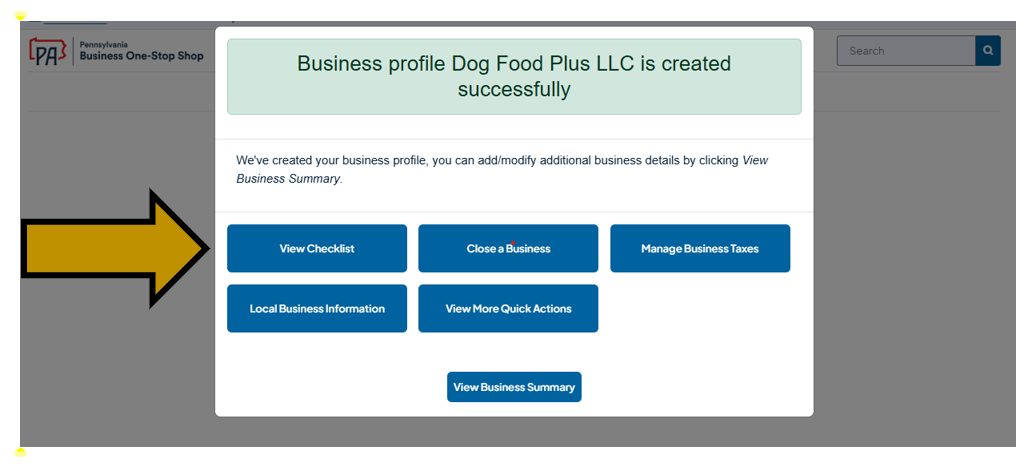 Arrow pointing to the View Checklist button in the business hub.
